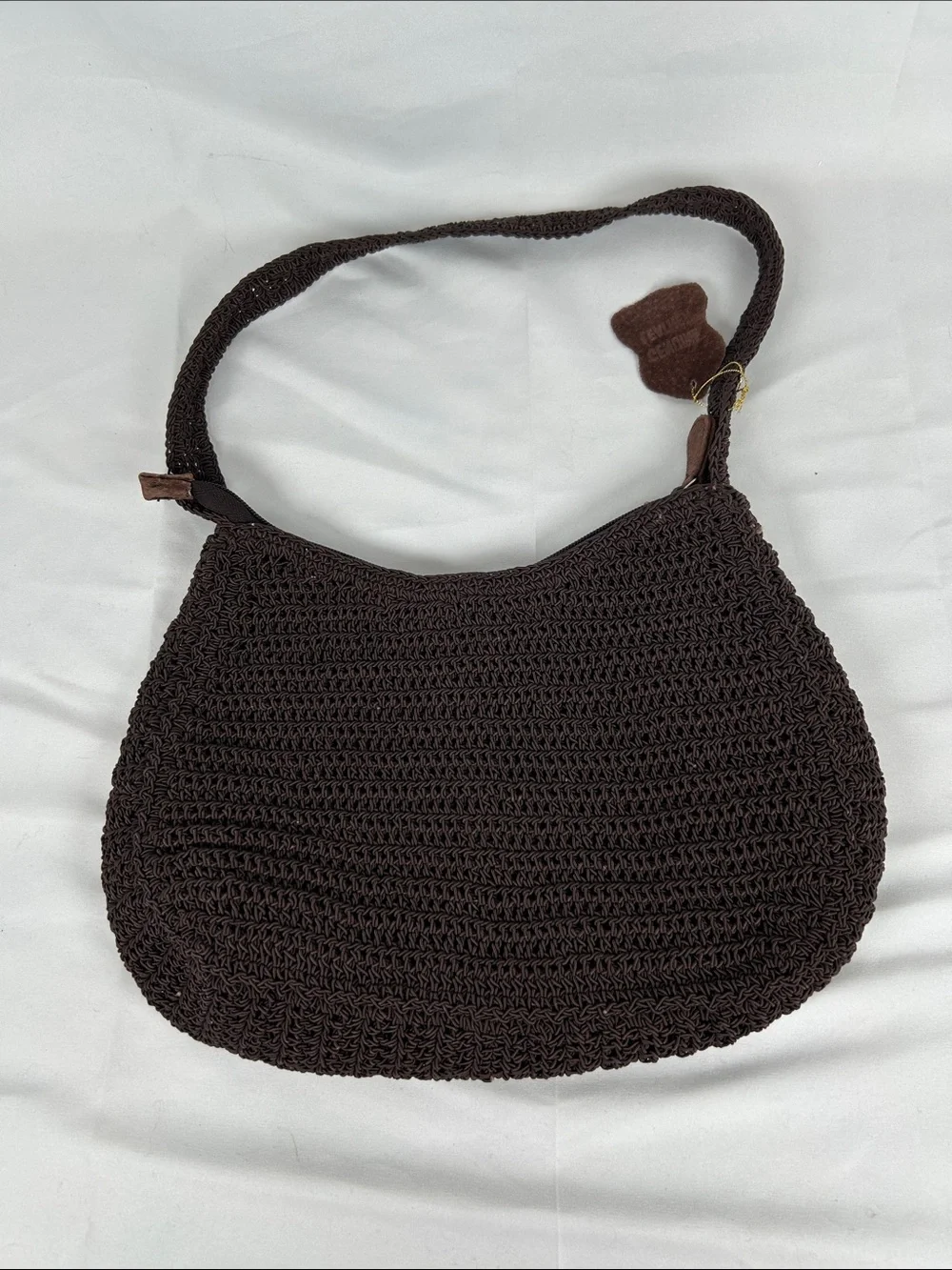 Leather Suede Boho Knit Crochet Hobo Bag Brown Beaded
